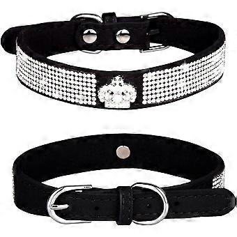 Rhinestone Dog Collar, Cute Dazzling Sparkling Soft Suede Leather Dog Cat Rhinestone Collar Crystal Diamond Pet Dog Puppy Collar (S, Black)