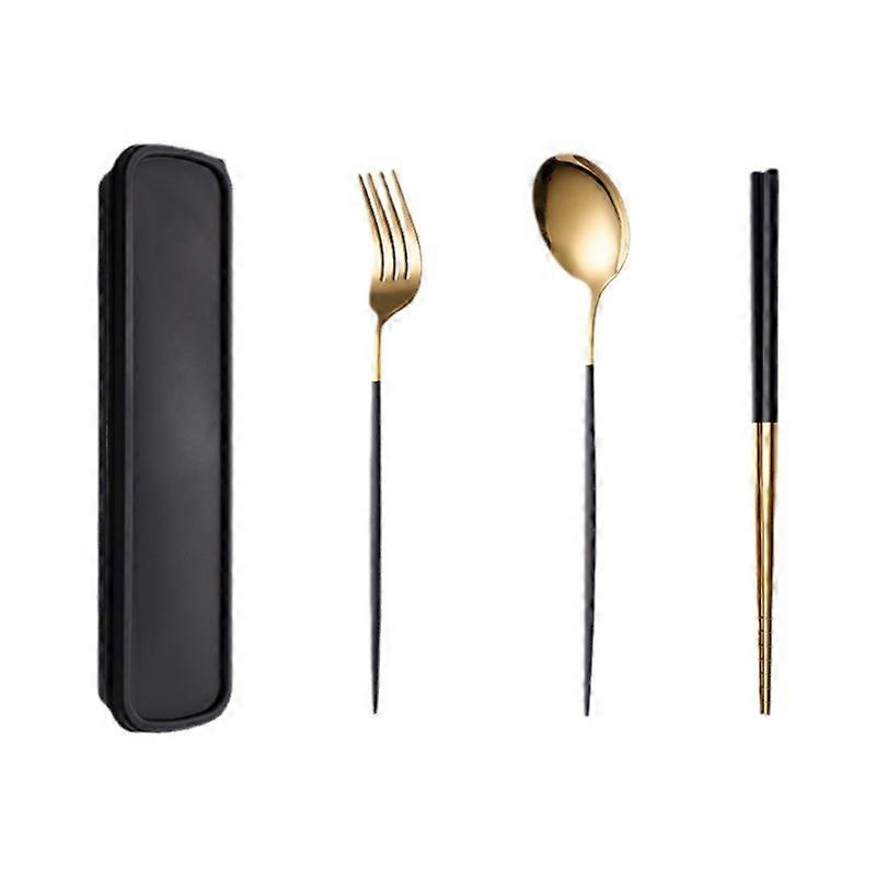4 Pcs Portable Stainless Steel Tableware Set, Dishwasher Safe Reusable Flatware Cutlery Set, Include Fork Spoon Chopsticks with box (Golden black)