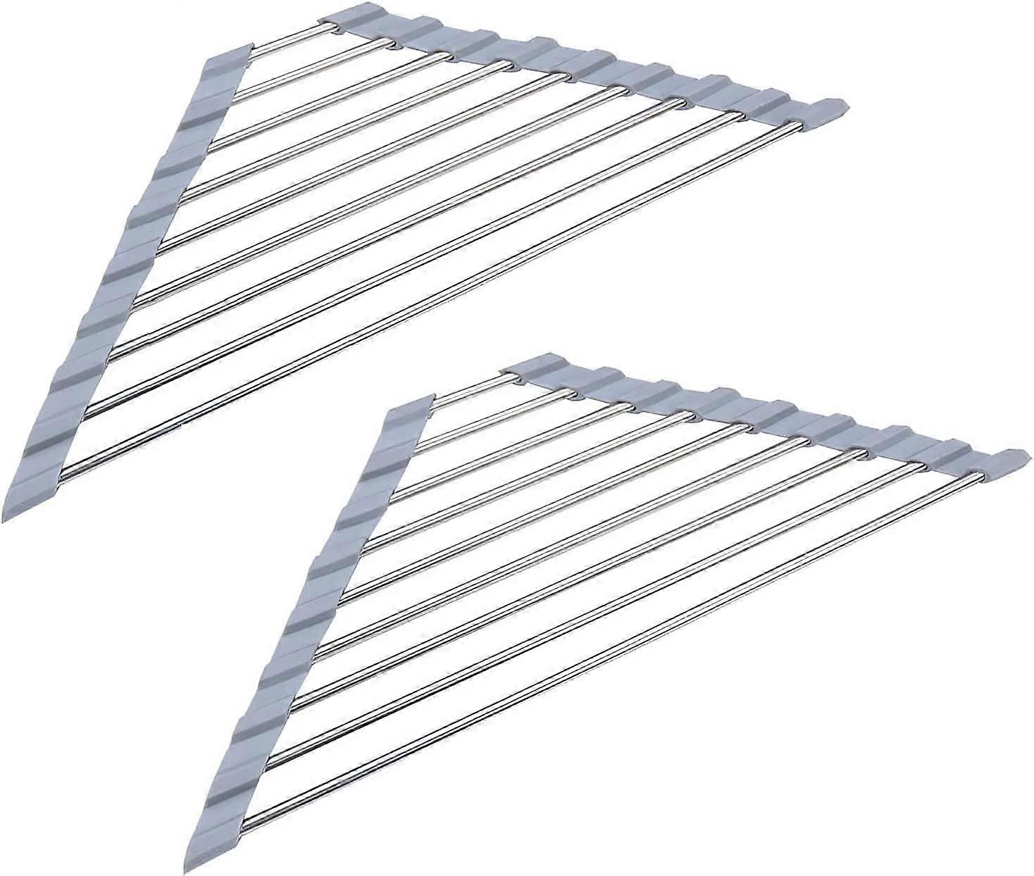 2pcs Stainless Steel Foldable Triangular Kitchen Sink Drain Rack Non-Slip Gray