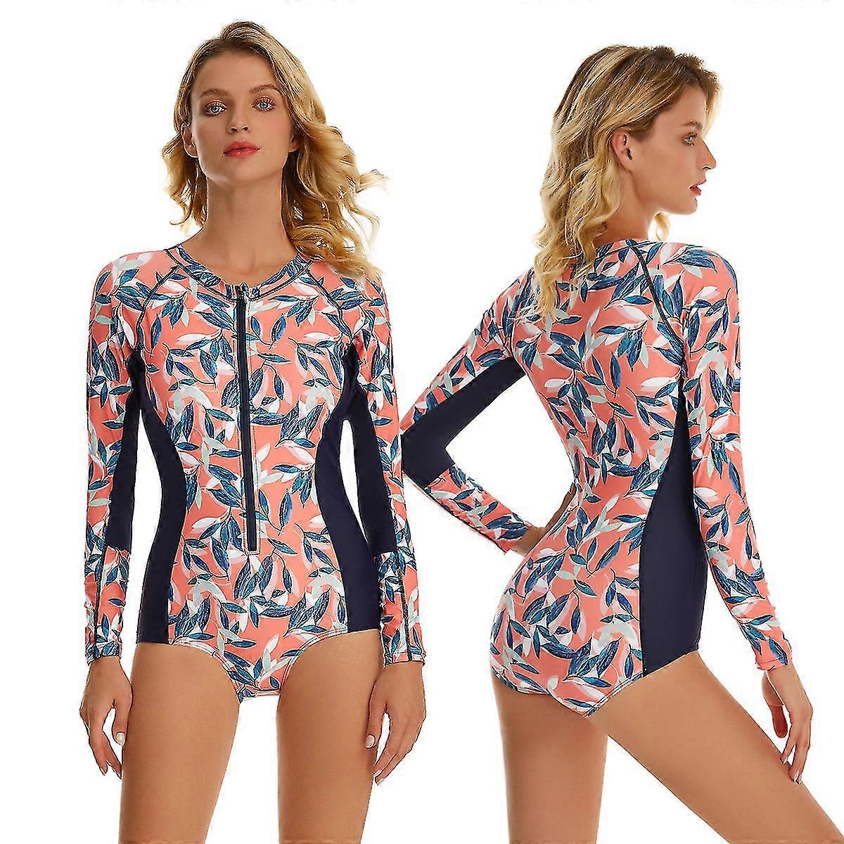 Long Sleeve Rash Guard Femmes Leaf Print Maillot de bain une pièce Maillot de bain Bikinis