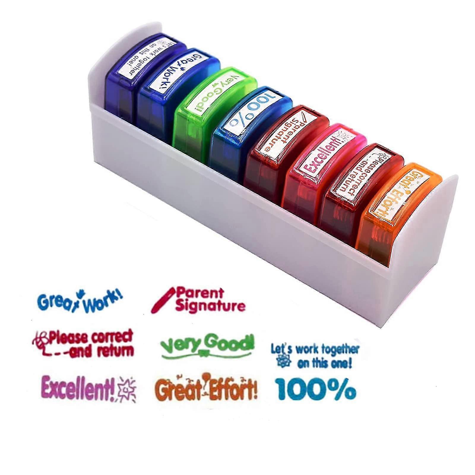 Self-inking Teacher Stamp Set (8pcs) For Grading Classroom Teachers Review Homework Feedback Parents Signature-MXBC