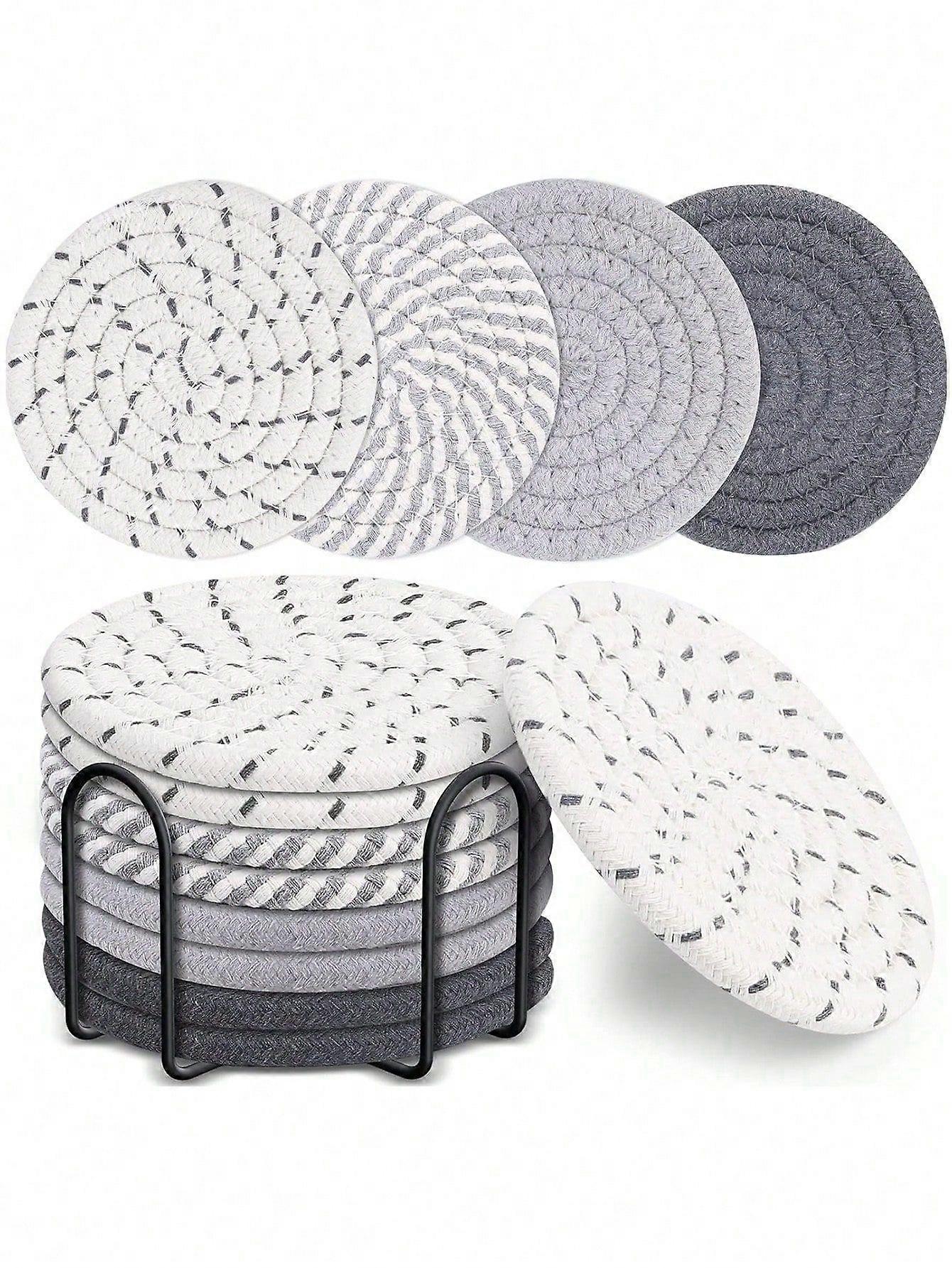 8 stk runde vevde koppunderlag og coaster oppbevaringsholder, varmeisolasjonsmatter