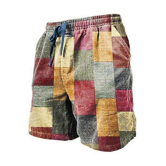 Men Beach Shorts Elastic Waist Adjustable Pockets Shorts Wide Plaid Print Drawstring Leg Hawaiian Style Loose Fit Holiday Casual