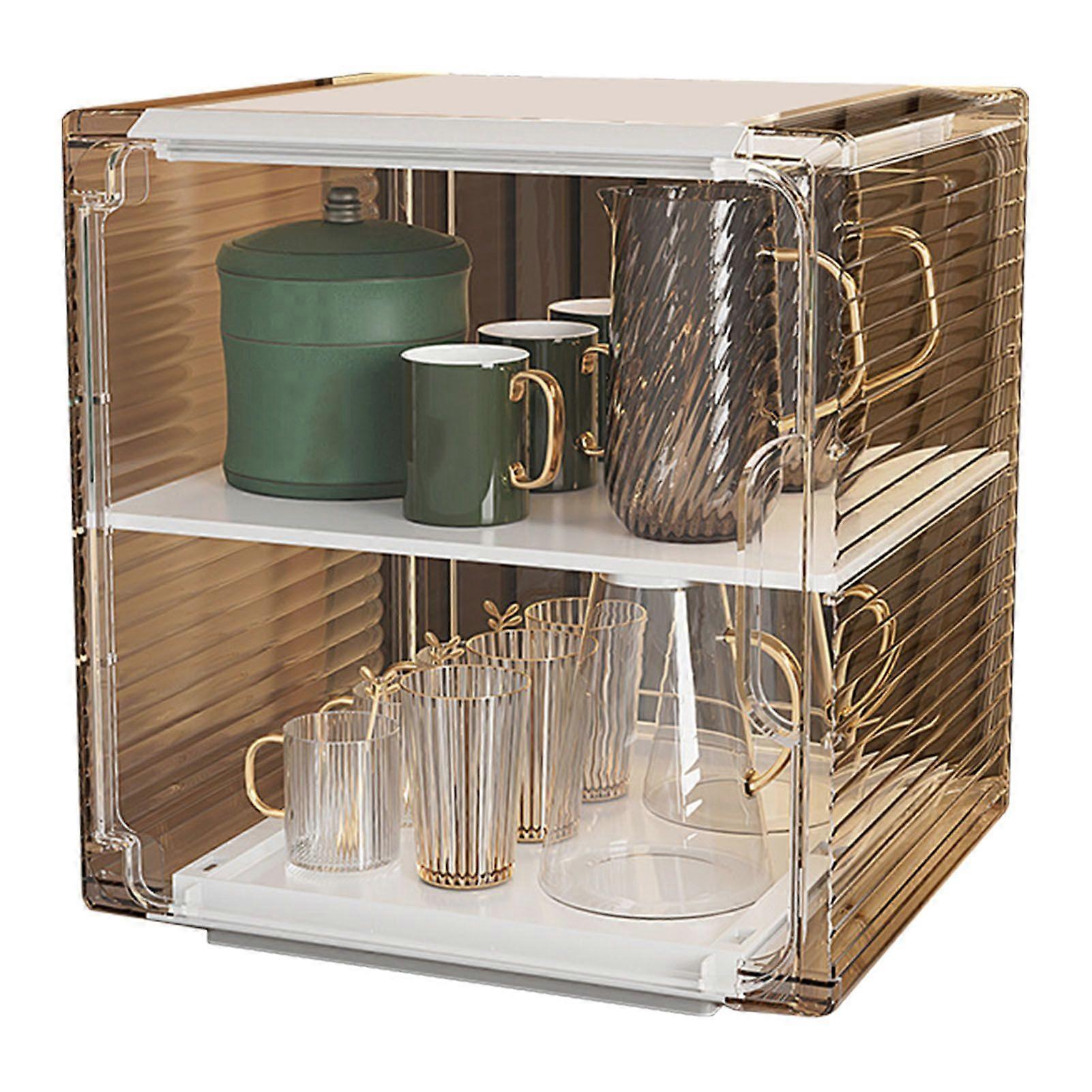 Cup Storage Rack Dustproof Stackable Plastic Clear Cup Organizer Box for Cabinet Desktop Medium White