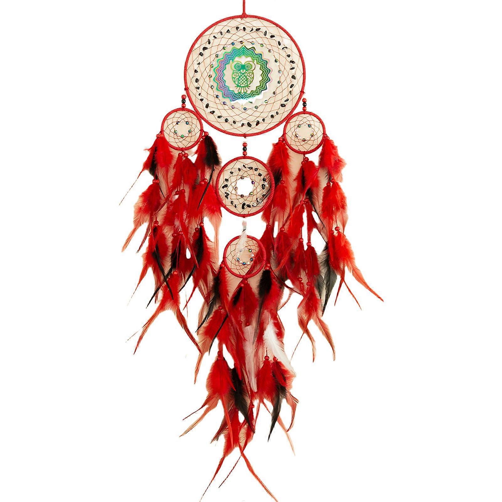 3D Rotating Colorful Owl Dreamcatchers Windchimes with Mystical Elegant Designs Feathered Ornament Wall Hanging Decors Red