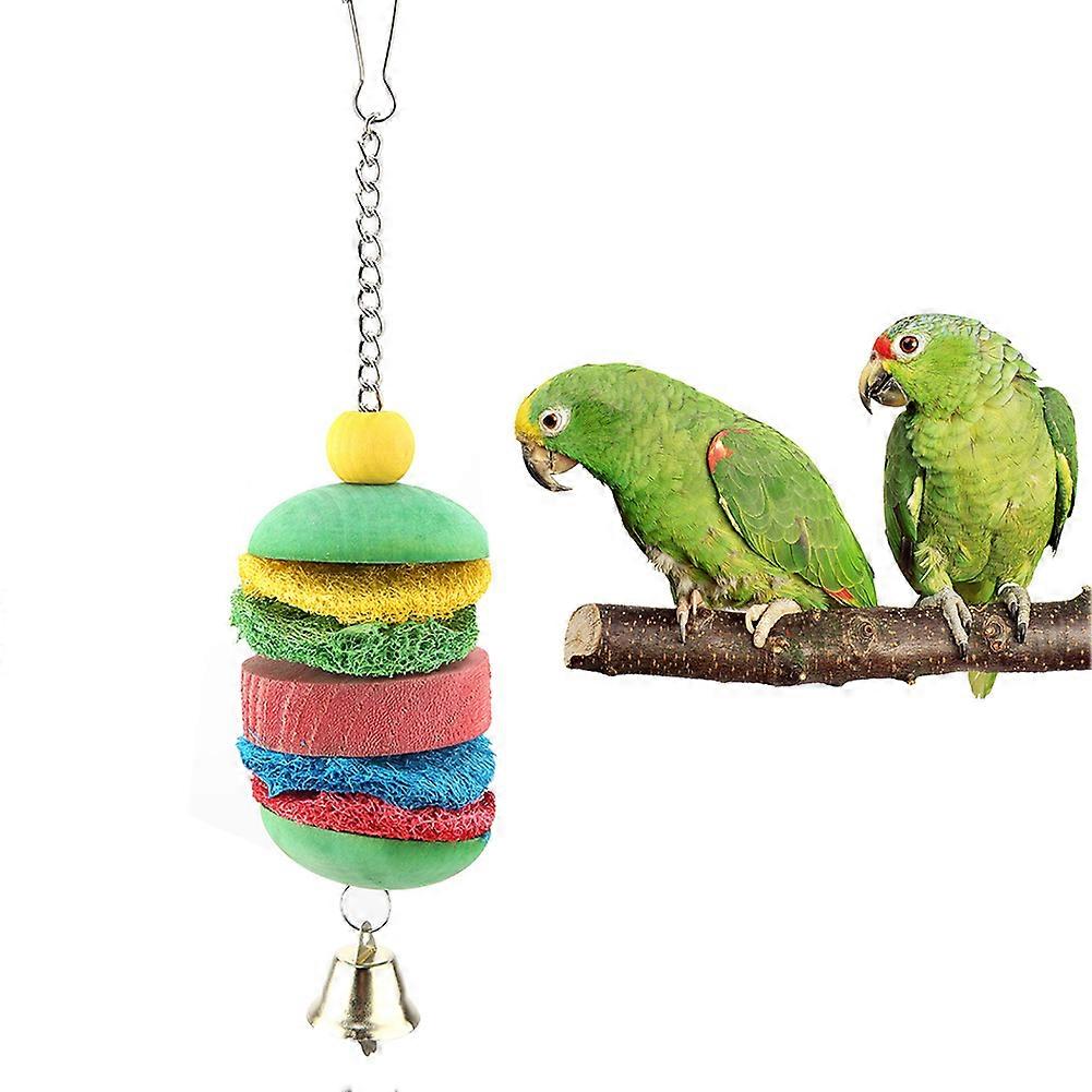 Wooden Pet Bird Parrot Hanging Chew Toy with Bell for Small to Medium Birds, Natural Wood, Durable, Interactive玩具