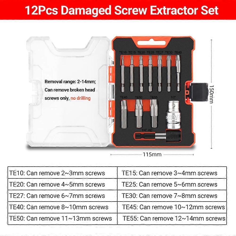 12Pcs Damaged Screw Extractor Set, Remover for Stripped Head Screws Nuts & Bolts Drill Bit Tools for Easy Removal of Rusty & Broken Hardware Can Not