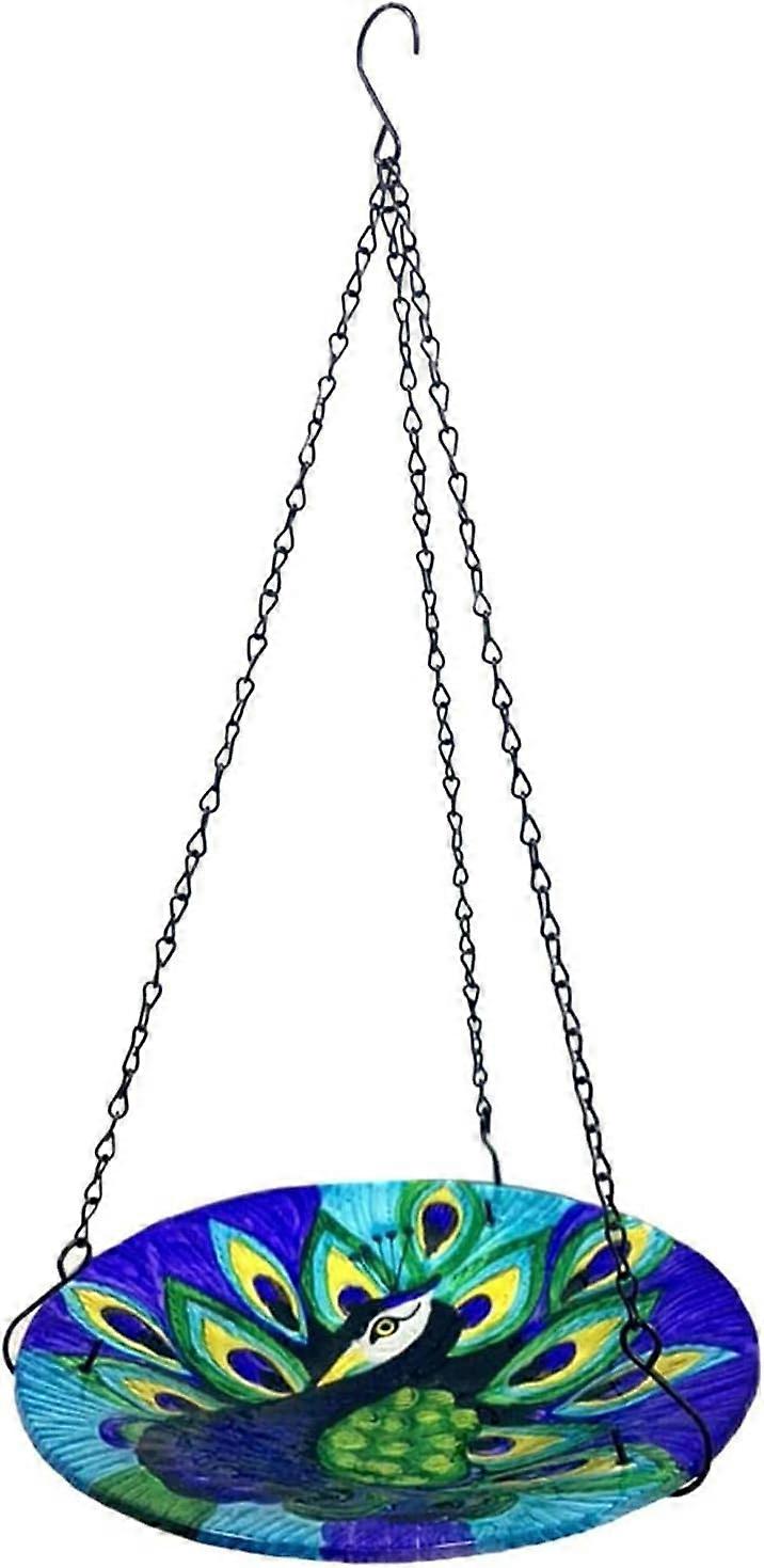Glass Hanging Bird Bath, Elegant Peacock Pattern, Easy to Clean, Durable & Sturdy