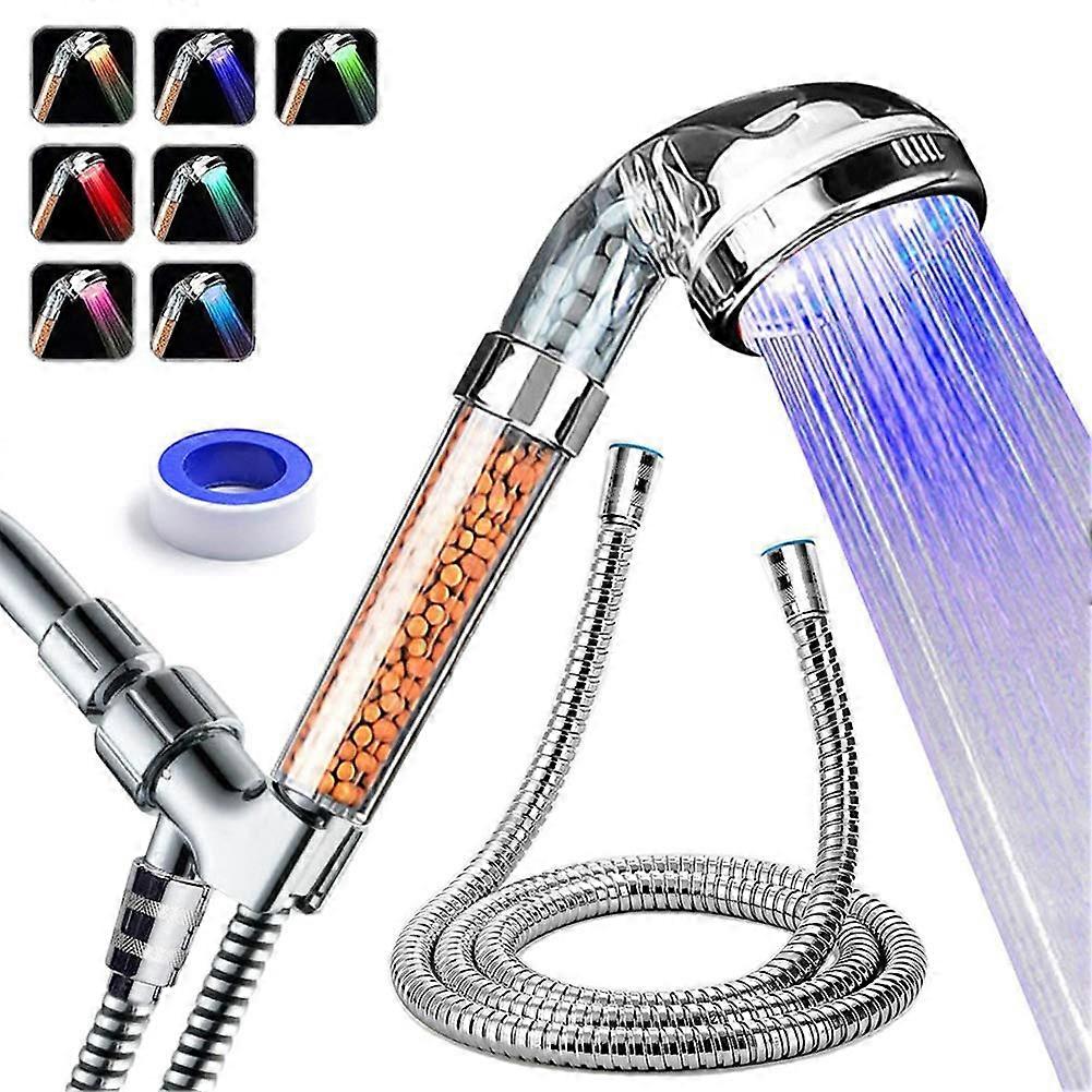 LED Shower Head with Hose and Adjustable Bracket, High-Pressure Filtered Handheld Shower for Dry Skin and Hair - 7 Color Changing Modes