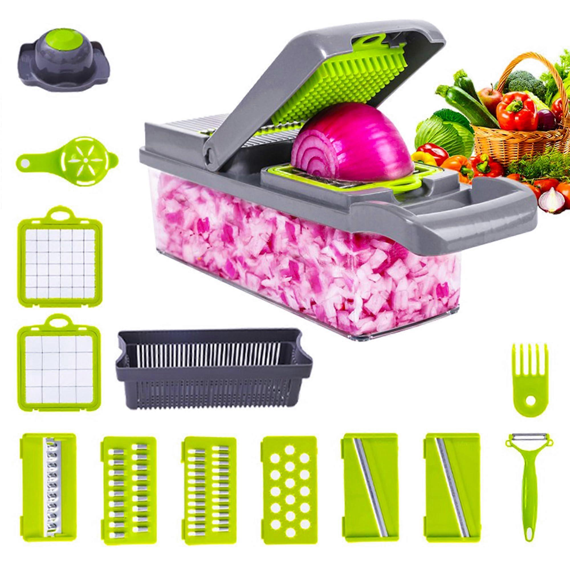 Vegetable Chopper Slicing Slicer 14 In 1 Multi-Functional Kitchen Tool, Durable Stainless Steel Blades, Easy to Clean