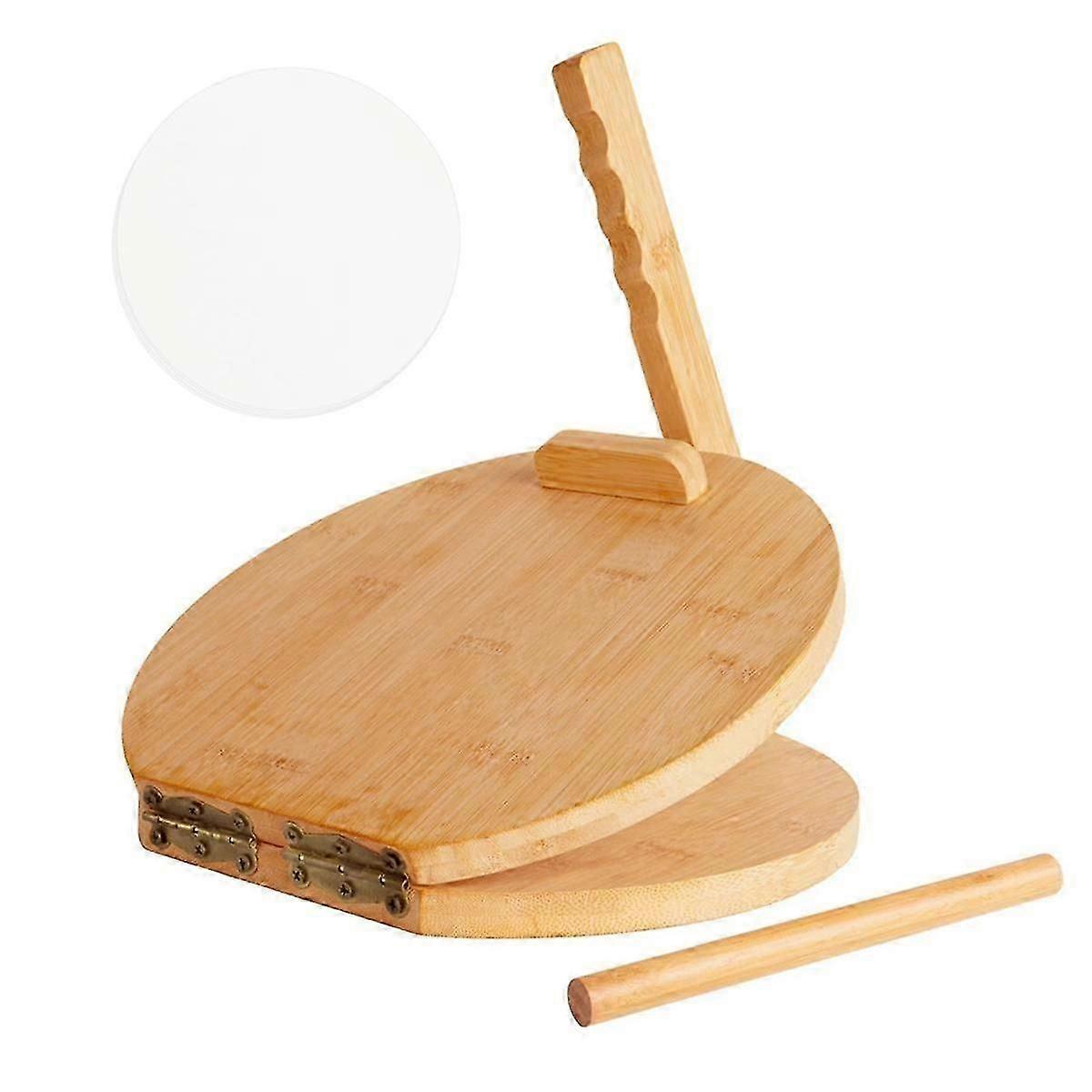 Pressa per tortilla in legno 10 pollici Pressa per tortilla in legno, con mattarello e carta pergamena da 50 pezzi, per fatti in casa