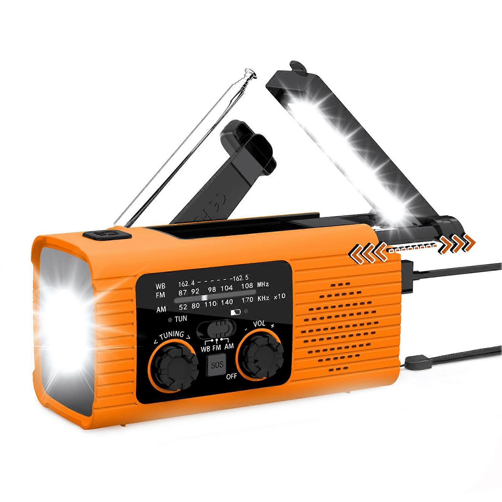 Weather Radio with Hand Crank & Solar Power - AM/FM, 2000mAh Rechargeable Battery, Flashlight, Phone Charger