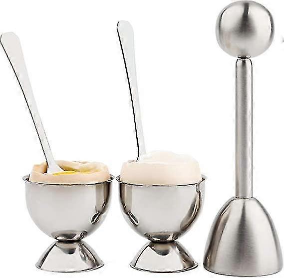 Stainless Steel Egg Cracking and Separating Set with 2 Cups 2 Spoons and a Topper Cutter