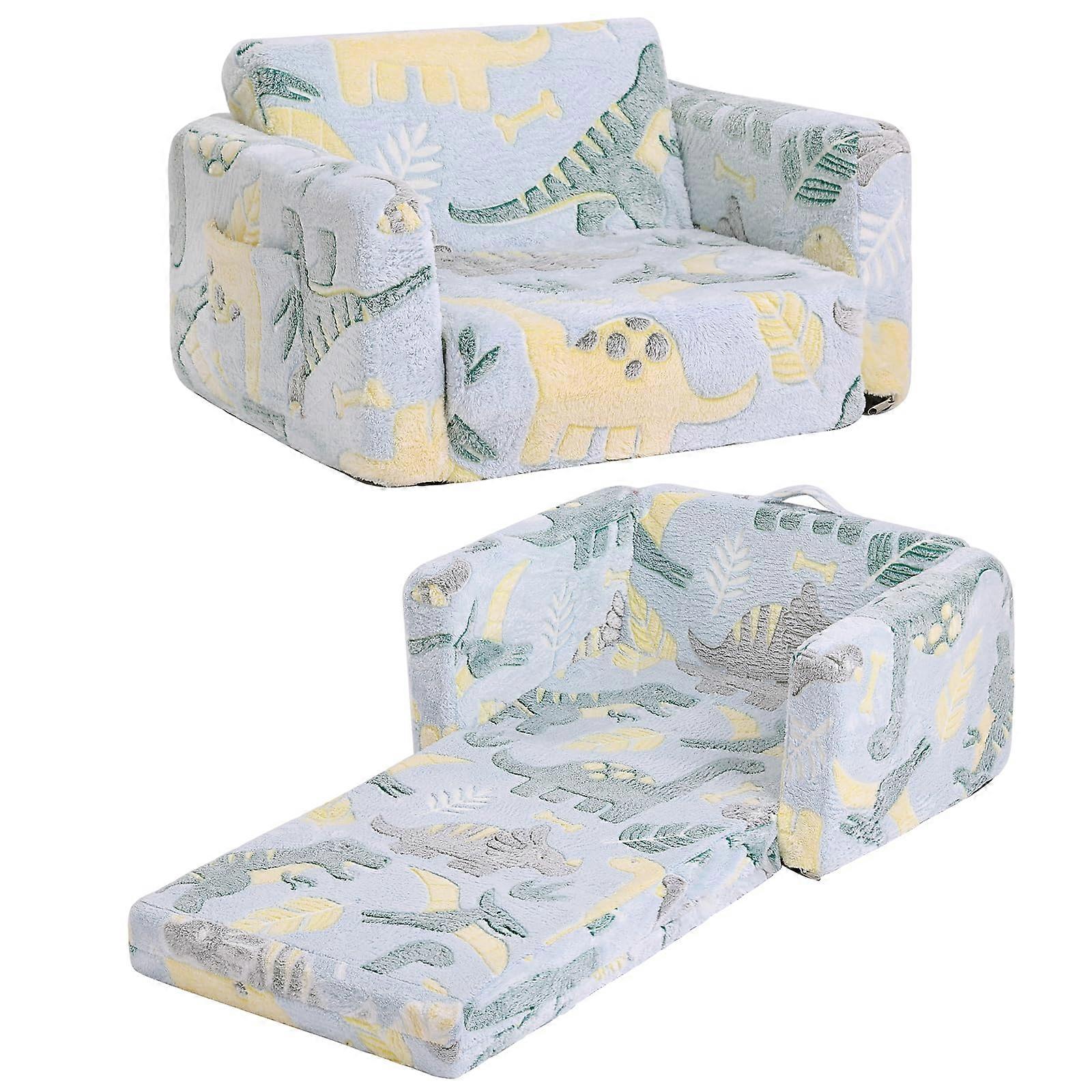 Kids Sofa 2-In-1 Convertible Children Couch To Lounger Flip-Out Chair Glow-In-The-Dark Toddler Armrest Bed Grey Dinosaur