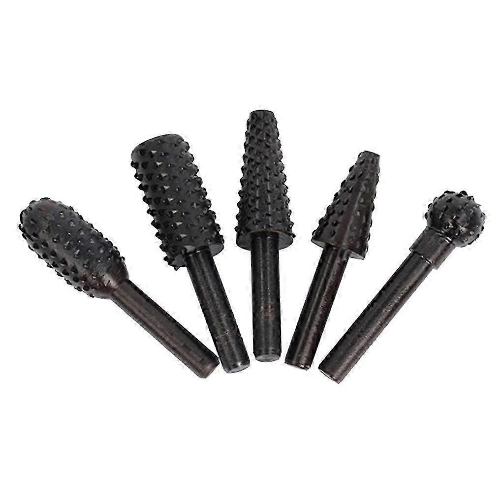 5Pcs Wood Carving Cutting Tools Rotary Burr Set Rasp Drill Bit Set 1/4" Shank-color: Black