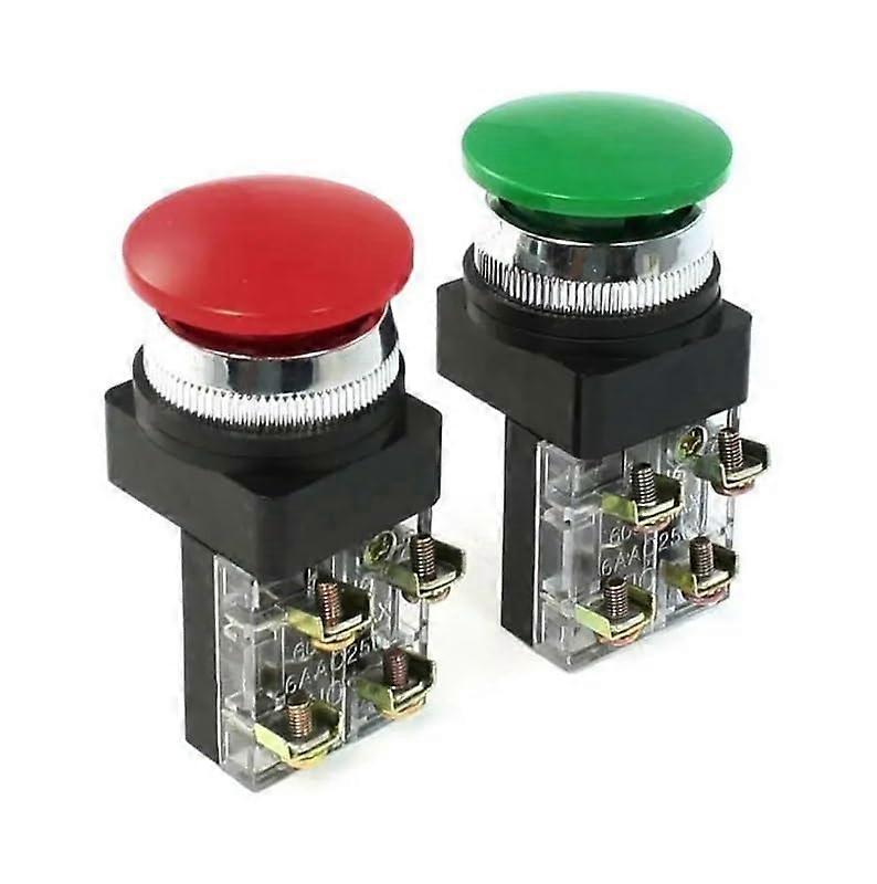 2 x DPST Momentary Mushroom Head Push Button Switch AC 250V 6A Red Green Color Durable Control Panel Switch