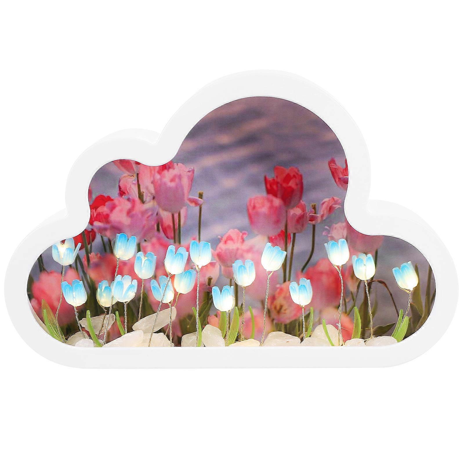 Handmade Floral Night Light DIY Tulip Inner Cloud Shaped Bedroom Decoration Blue 20X13X4CM Mirror 1 Set