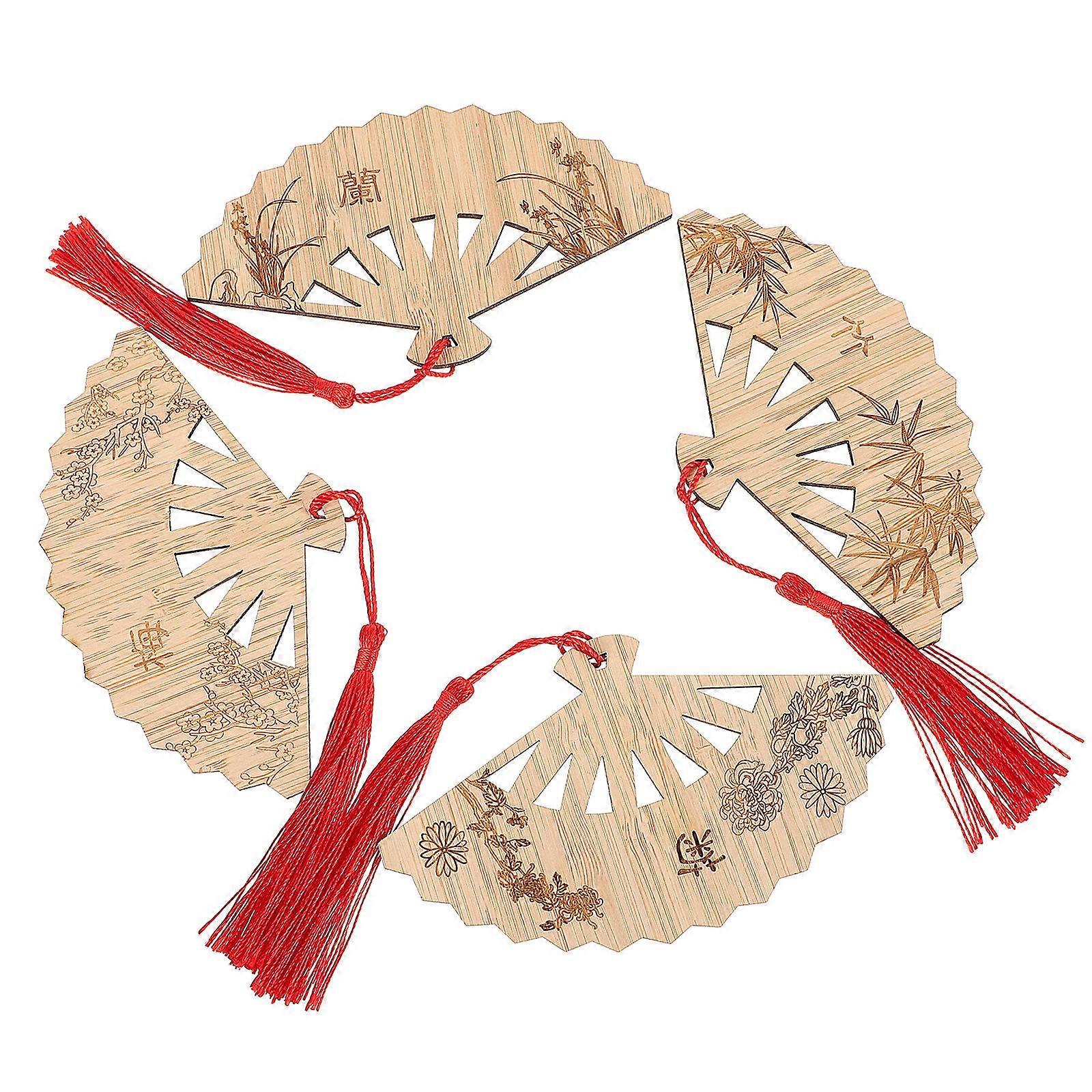 Bamboo Craft Bookmark With Tassel For Book Lovers Elegant Vintage Style Chinese New Year Hanging Ornament Khaki 12.00X7.00X0.20CM Mark Books 4Pcs