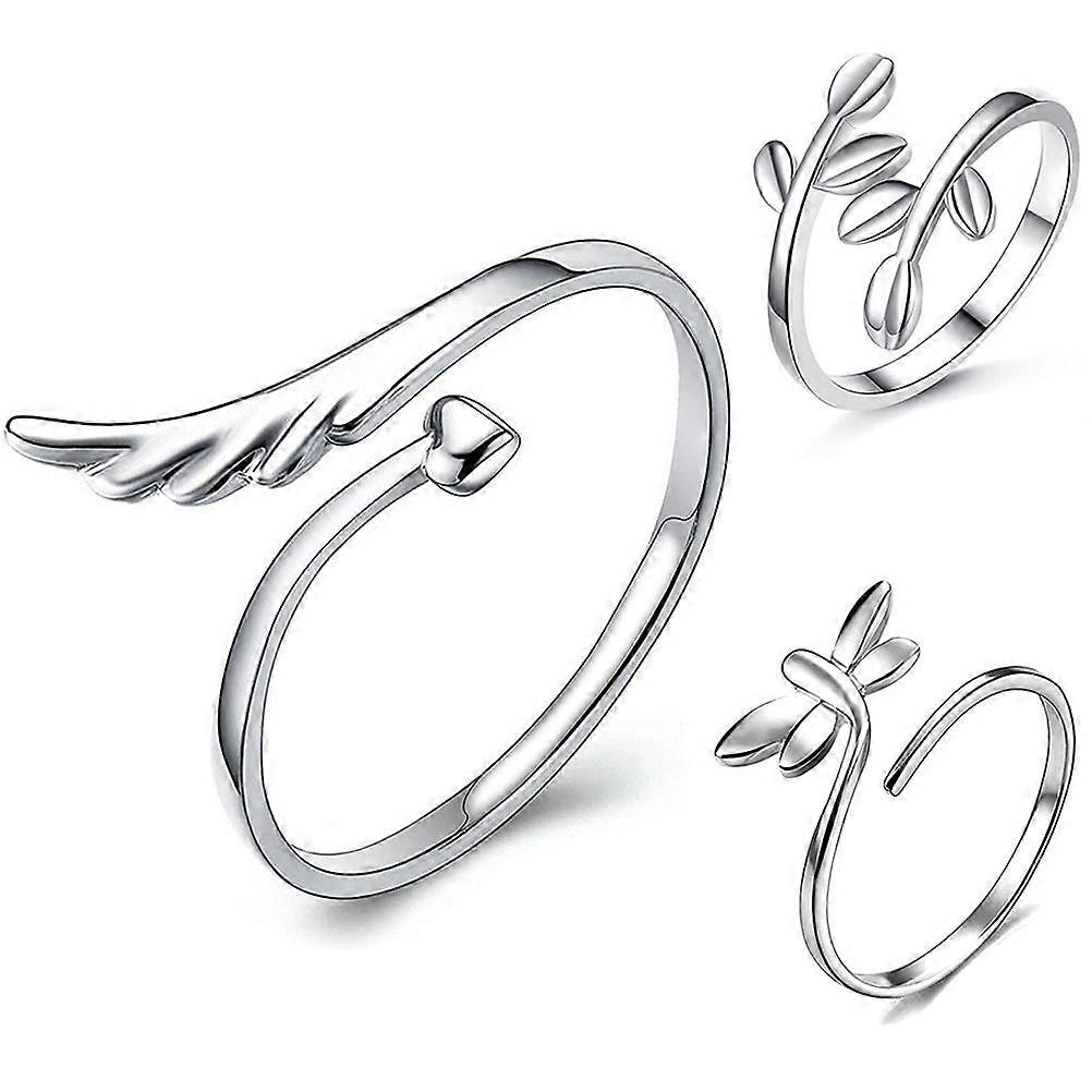 3Pcs Adjustable Open Ring Statement Finger Rings Wing Leaf Dragonfly Ring Jewelry