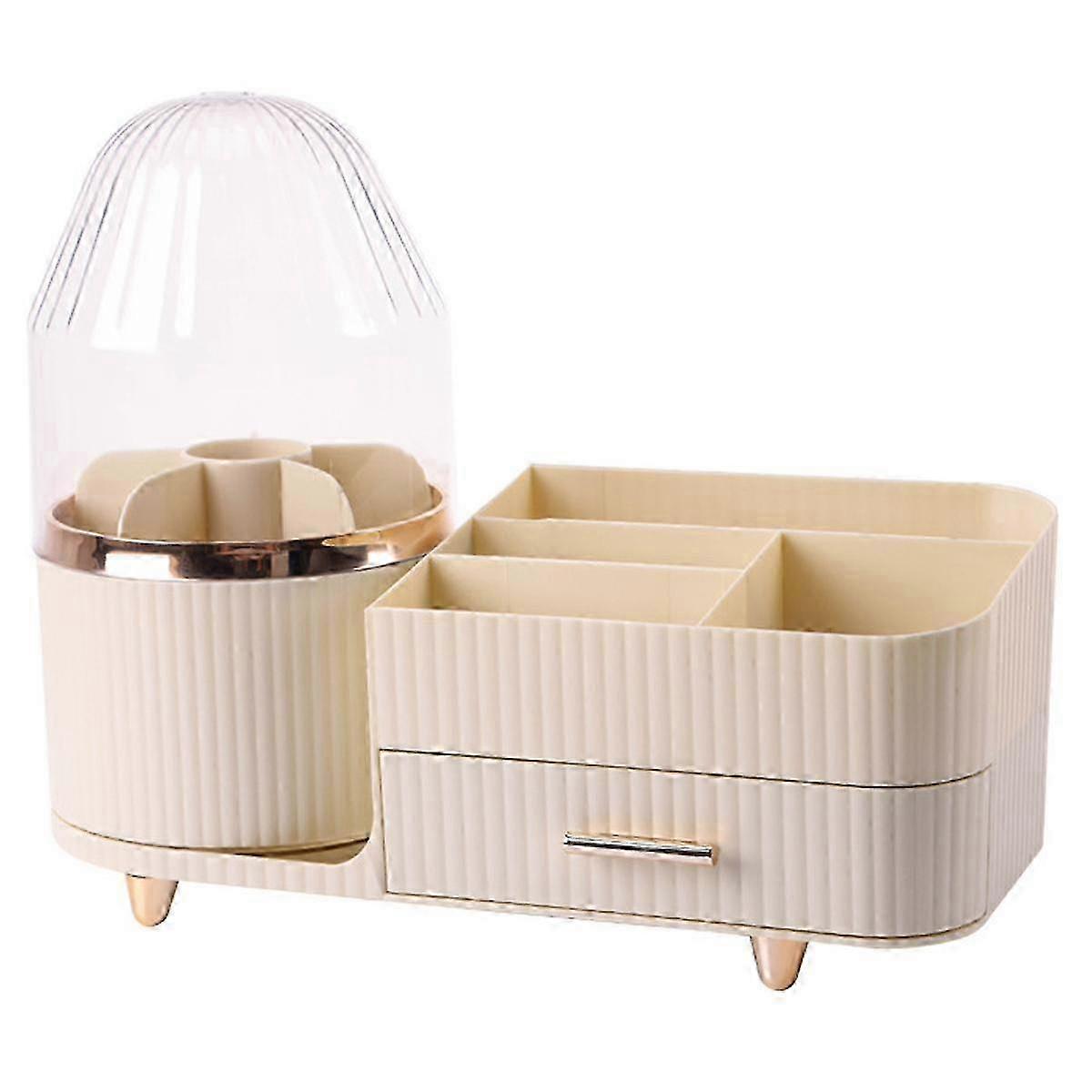 Rotating Makeup Brush Holder Organizer with Drawer, Large Makeup and Skincare Storage for Vanity and Desktop
