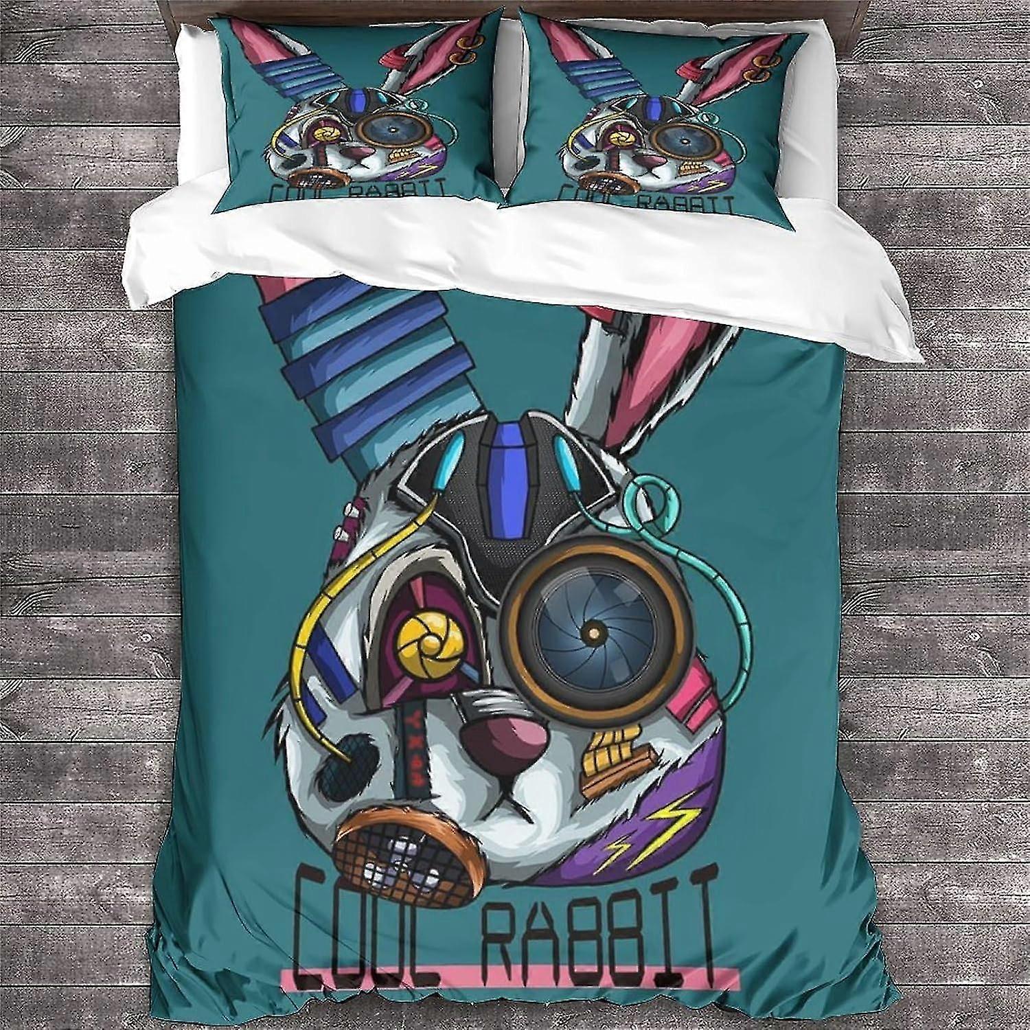3D Print Graffiti Duvet Cover and Pillowcase Set for Rabbit Design, Soft Microfiber Bedding with Zipper Closure