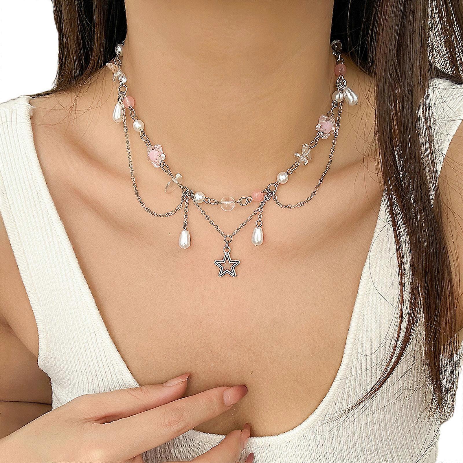 Fashionable Multilayer Star Charm Collar Necklace Adjustable Length Imitation Pearls Clavicle Chain Alloy Jewelry Gift
