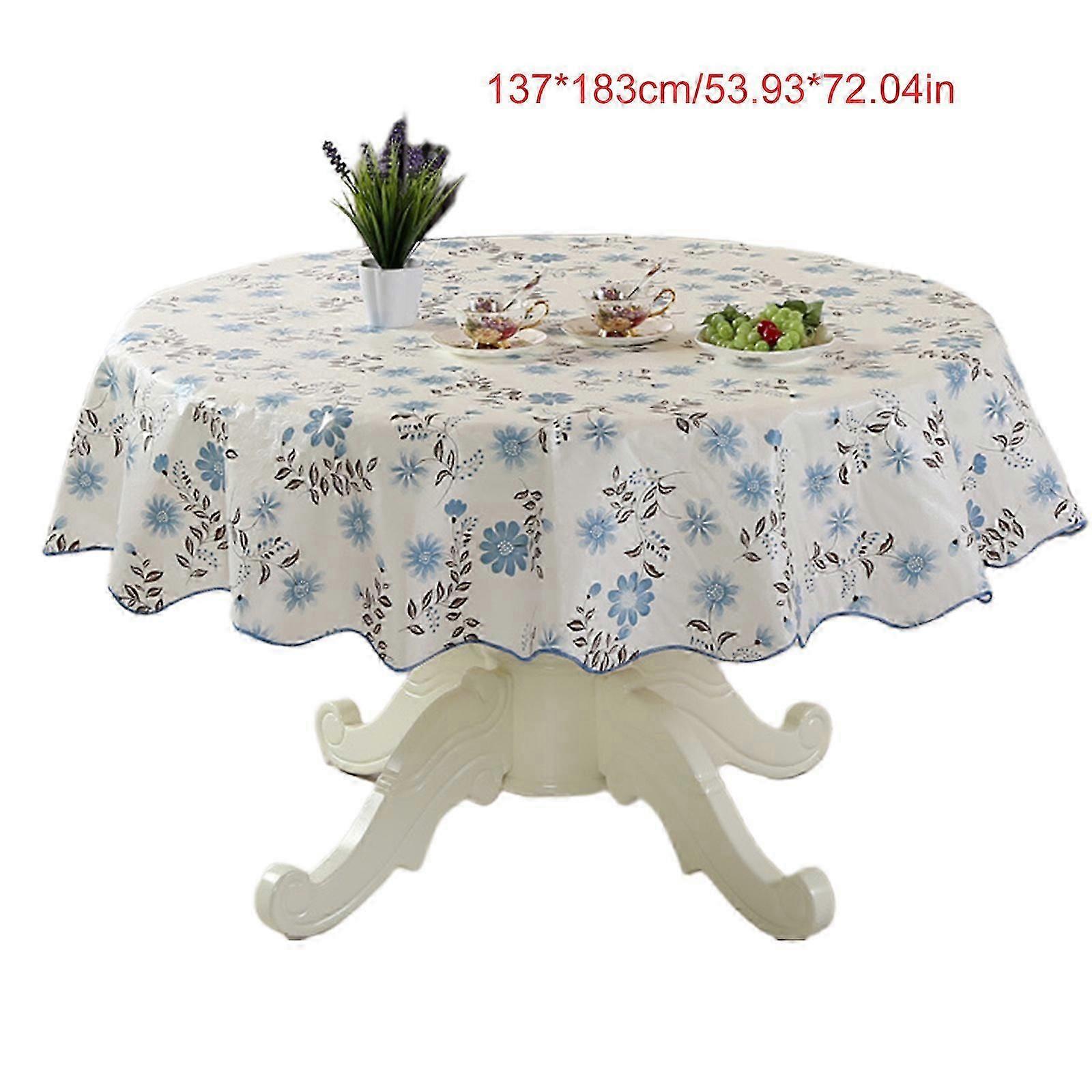 Easy Care PVC Round Tablecloth with Colorful Floral Design Oilproof and Waterproofs Table Cloth for Various Occasion  Blue flowers bloom