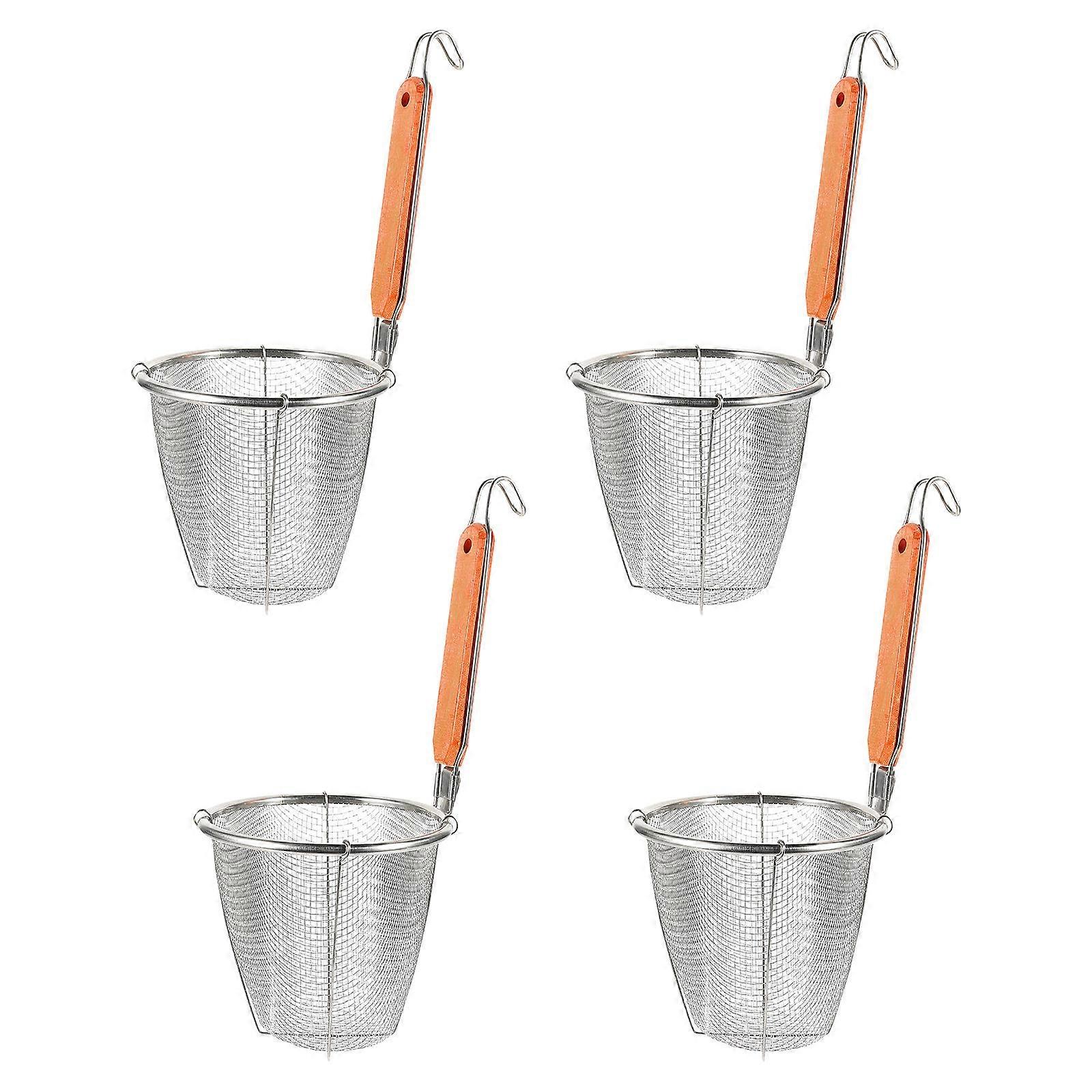 Noodle Basket Stainless Steel Mesh Strainer Basket For Pasta Cooking Daily Use Wood Handle Serve Noodles 4Set