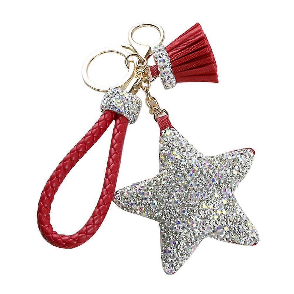 Red Rhinestone Pentagram Keychains Creative Key Holder for Hanging Keys Durable PU Material 3.5 Inch