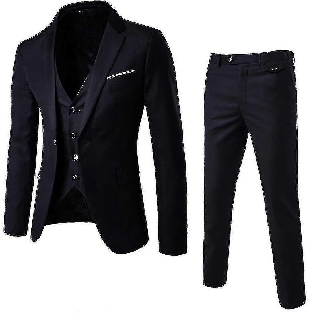 Erkek 3 Parça Slim Fit Takım Elbise Tek Düğme Düz Ceket Yelek Pantolon İş Seti