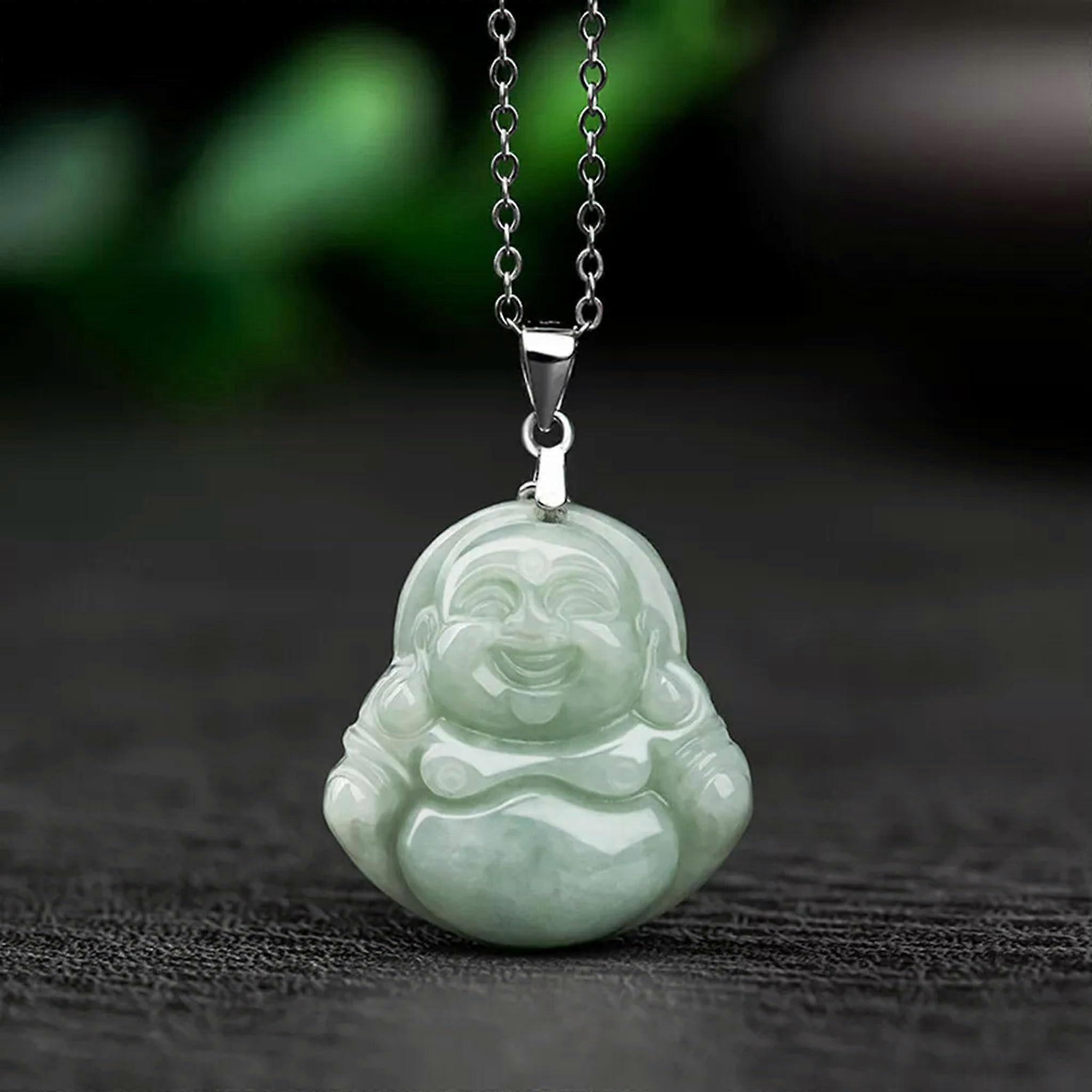 Natural Jade and Jadeite Buddha Pendant Silver O Chain Link Necklace