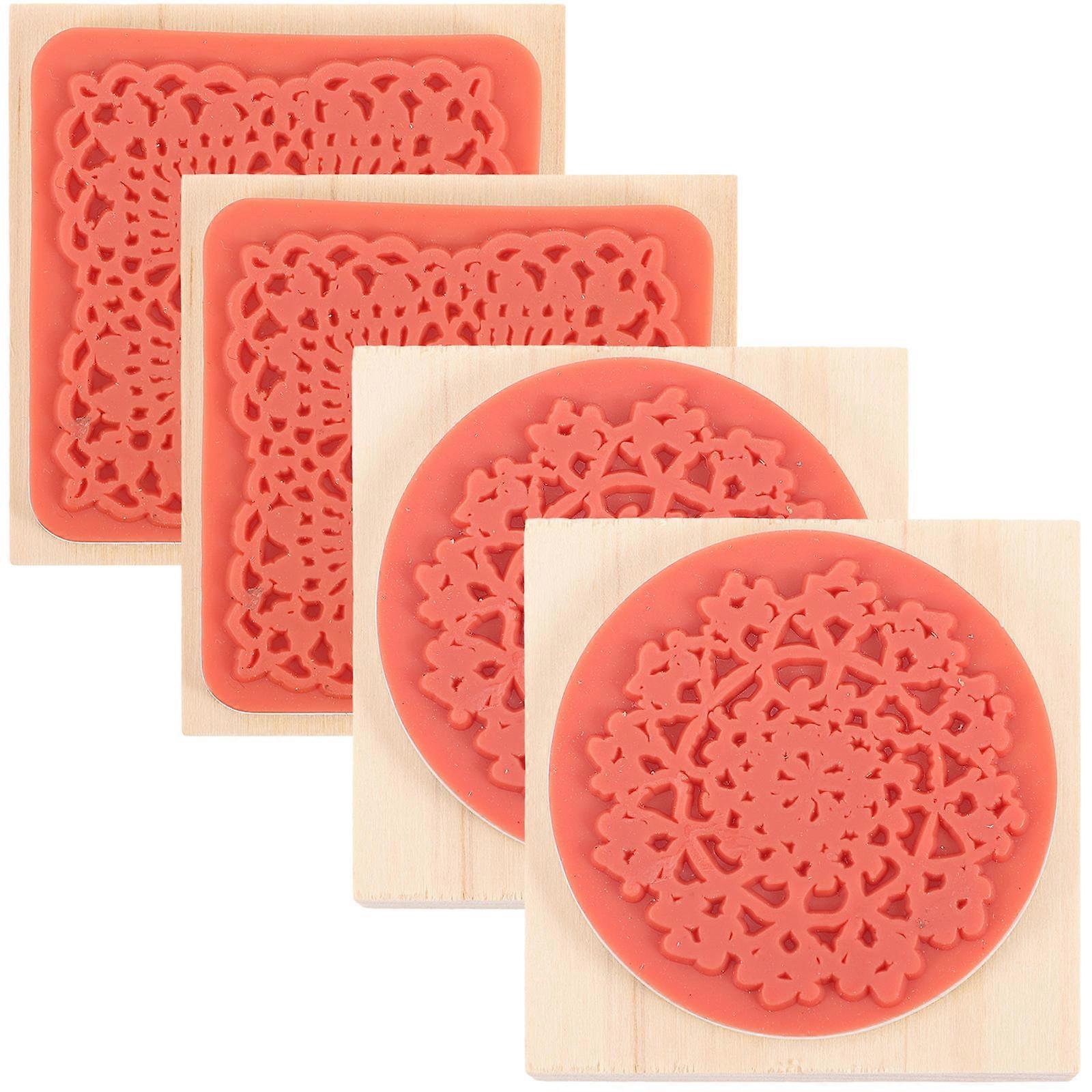 4pcs Wooden Rubber Stamps Round and Square Lace Design