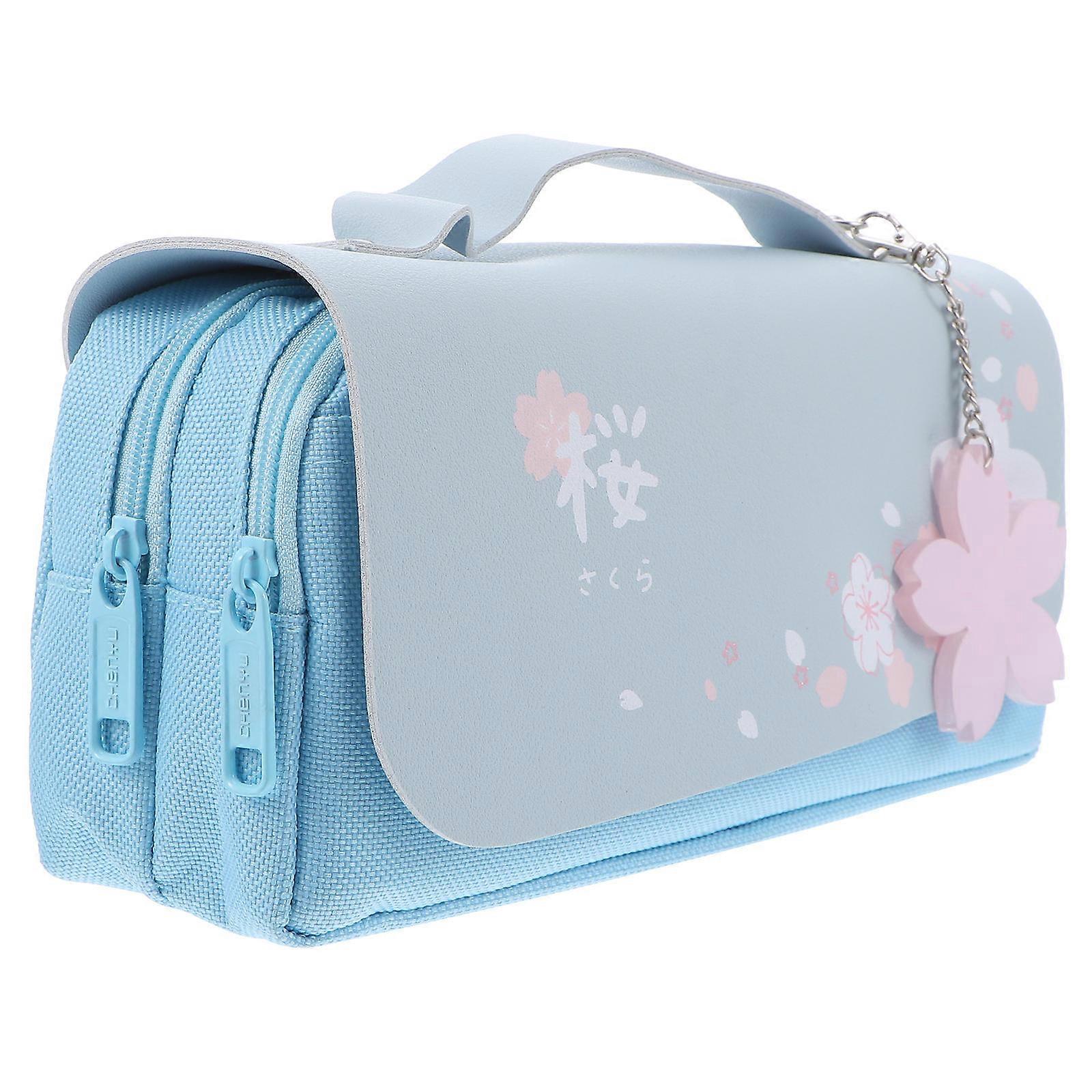 Back to School Blue Pencil Case with Large Capacity for Students Use Made of Oxford Cloth and PU Portable Design
