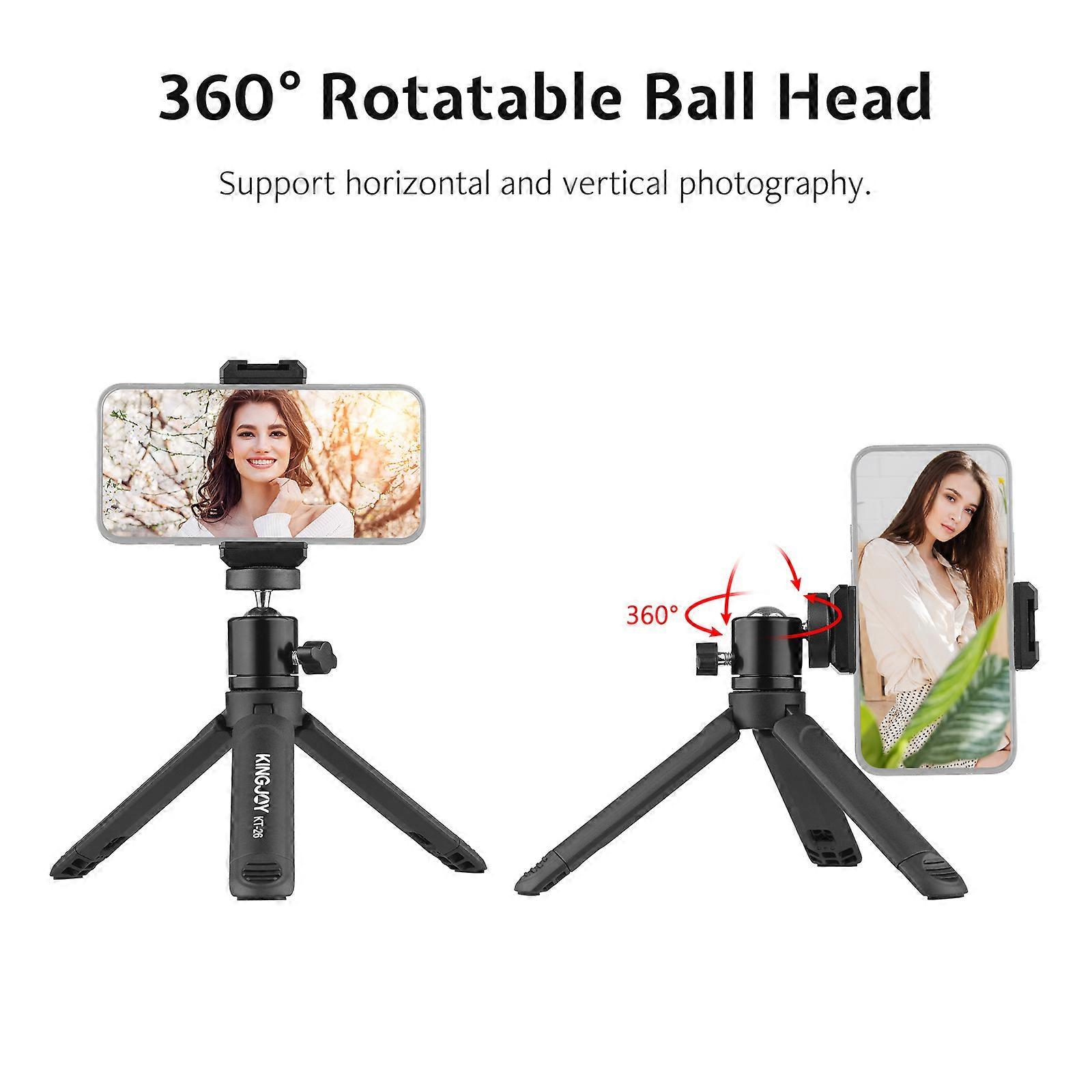 KINGJOY KT-26 Mini Desktop Tripod Rotatable Ball Head with Extendable Cold Shoe Phone Clip 1/4 Inch Screw for Smartphone Camera Selfie Video Recordin