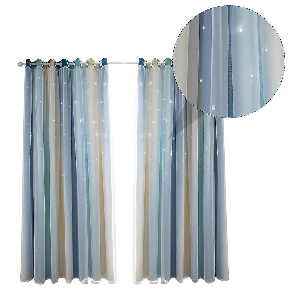 Gradient Color Double-Layer Window Curtains Sunshade For Bedroom Living Room Blue Polyester 2Pcs