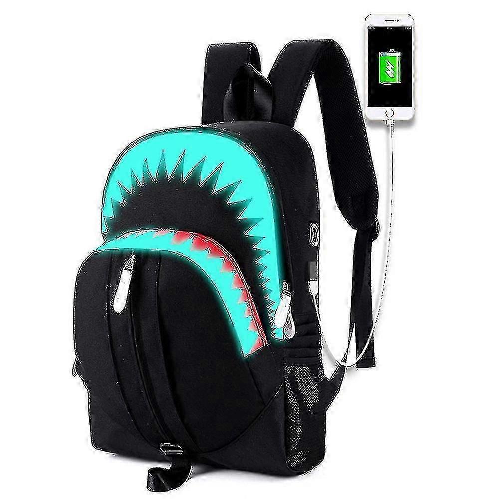USB Charging Luminous Backpack for Men - Shark Design with LED Lights
