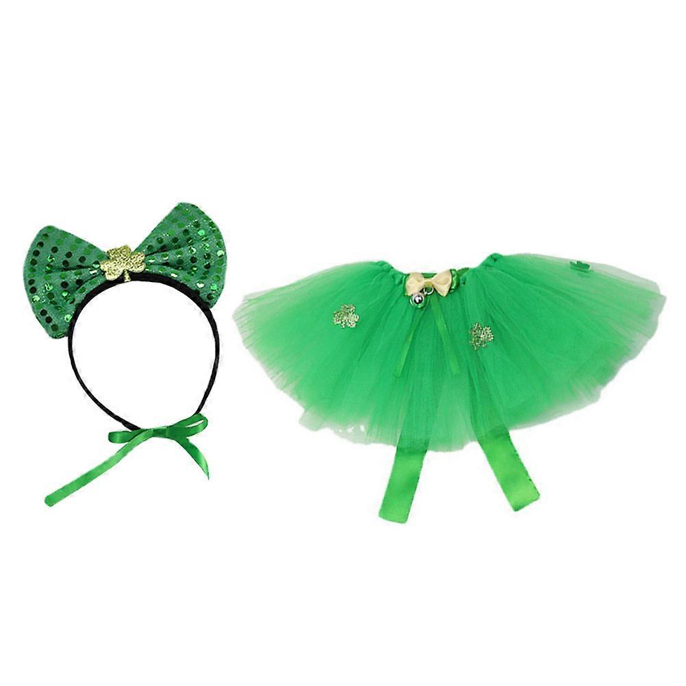 Irish Festival Headband and Pet Skirt for Pet Dog Green Mesh Material Photo Shoots Use 1 Set