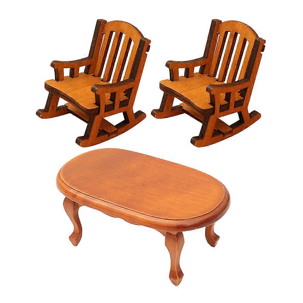 3pcs Dollhouse Miniature Furniture Set – Coffee Table & Rocking Chairs for DIY Crafts, Photography Props, and Realistic Wooden Dollhouse Scenes