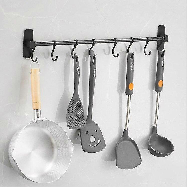 Black 6 Hooks Simple Kitchen Hook Punch Free Cutlery Rack Tool Rack Black Movable Hook Kitchen