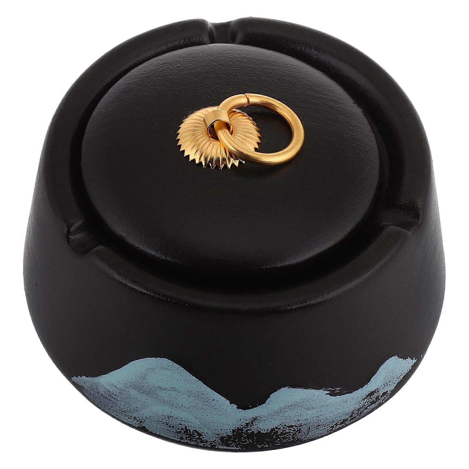 Home Use Ceramic Ashtray with Lid 2Pcs Black Decorative Covered Ashtray
