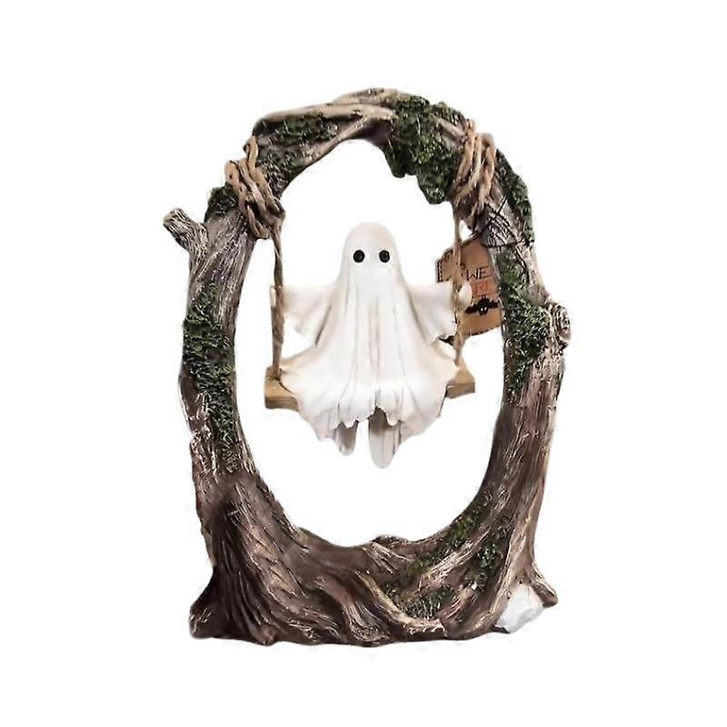 Halloween Swing Ghost Statue Resin Spooky Figurine Ghost Tree Swing Ornament Desktop Bookshelf Garden Patio Lawn Halloween Decor