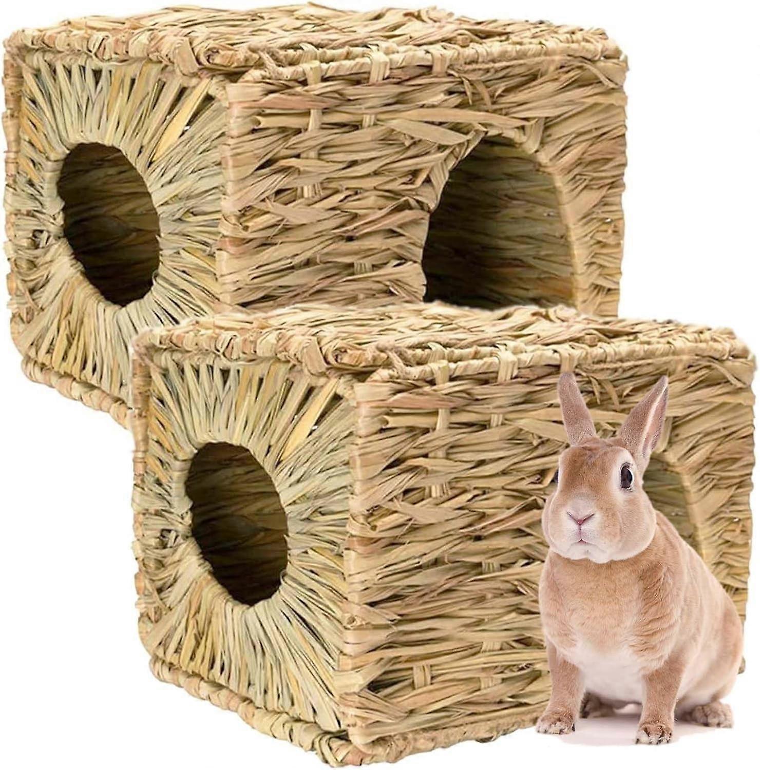 Foldable Grass Woven Animal Hut Bunny House Play Hideaway Bed Mat Chew Toy for Rabbit Guinea Pigs Gerbils Hamster (14.5"x11"x10")