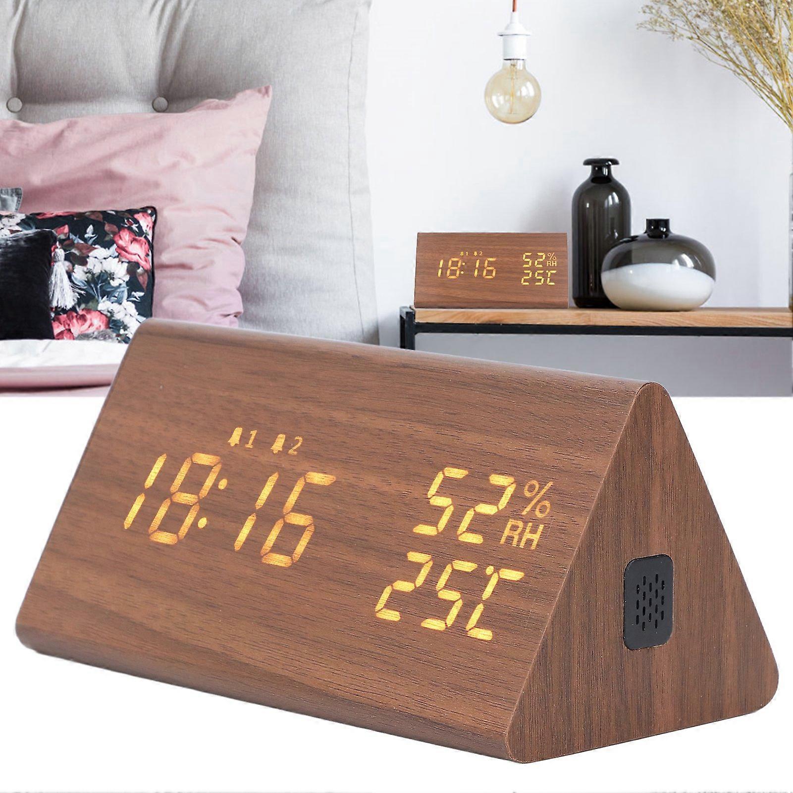 LED Digital Alarm Clock Multipurpose Wooden Clock with Voice Control Humidity Temperature Week Time Display Brown Wood 