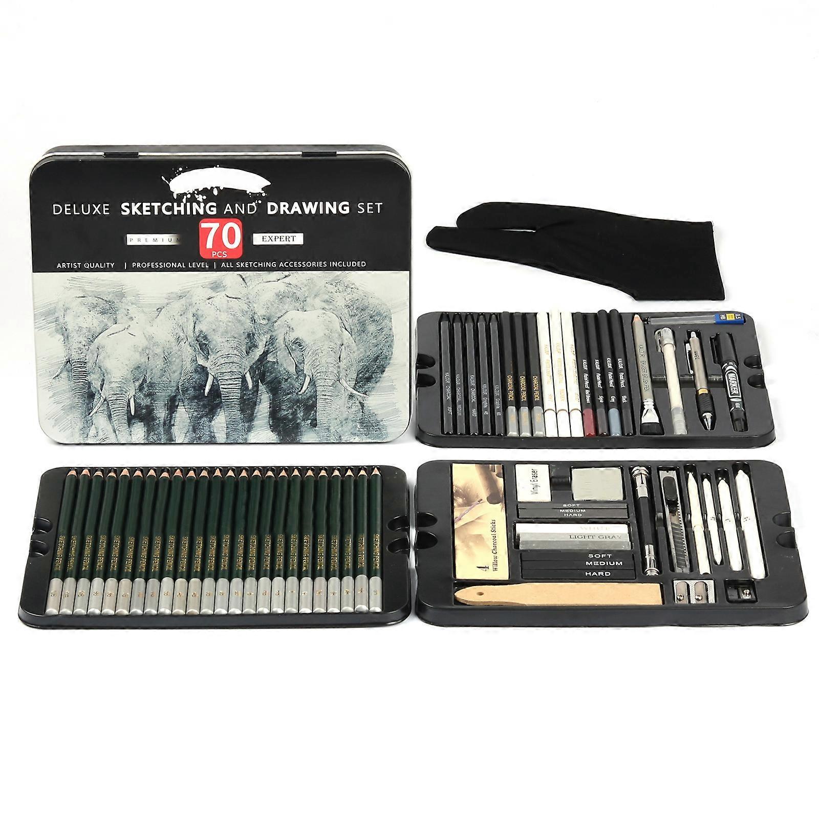 70Pcs Artist Sketching Drawing Set with Sketch Pencil Pastels Pencil Charcoal Sticks Blending Stumps Eraser Sandpaper Multicolor