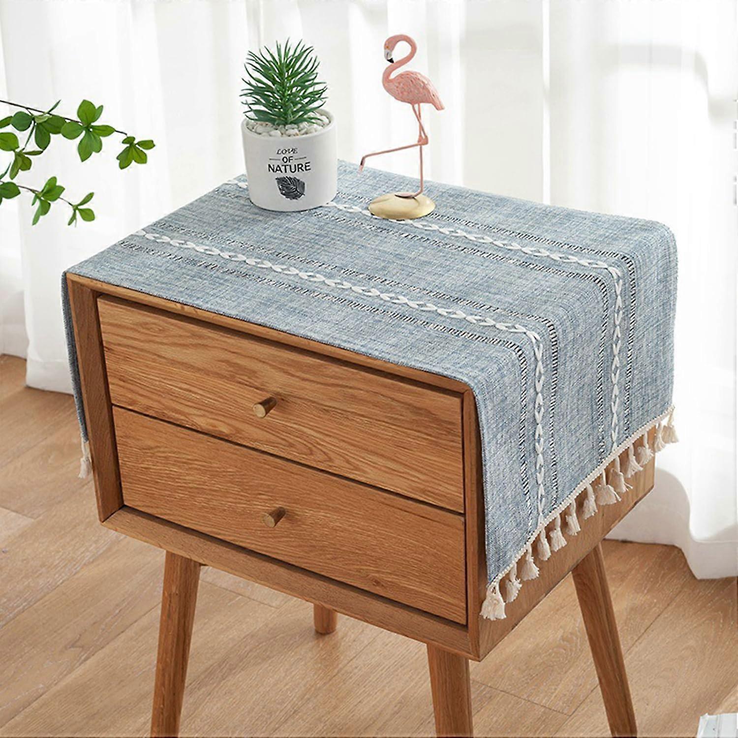 Small Rectangular Tablecloth Grey Pinstripe 40x90 Chenille Tassel Boho Dustproof Wipeable For Coffee Table TV Cabinet