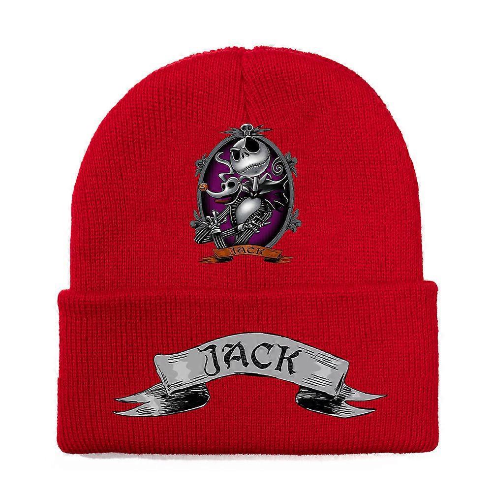 Pumpkin Prince Jack Red, Orange, And Black Knitted Hat With Colorful Halloween Print Pattern, Unisex Warm Rolled-Edge Beanie-Red~03