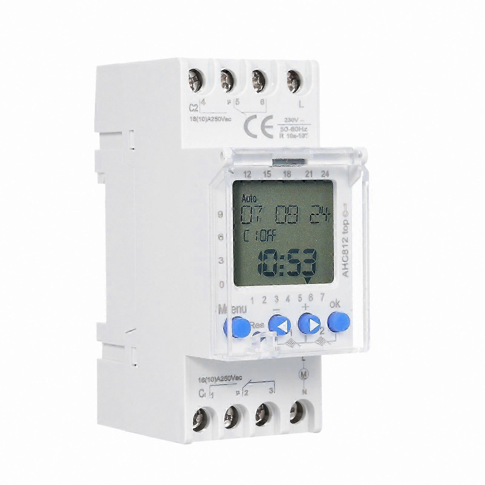 Programmable 2-Channel Timer Switch, 230V 16A Weekly Digital Time Control, DIN Rail Mountable Schedule Timer for Home and Industrial Use