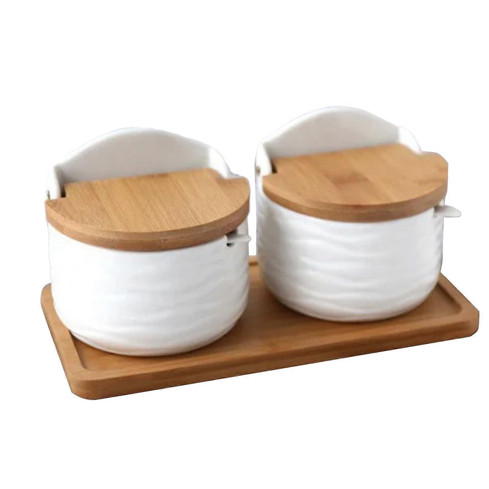 Ceramic Spice Jars Set with Wooden Lids and Base Stand, MoistureProof Kitchen Storage Containers