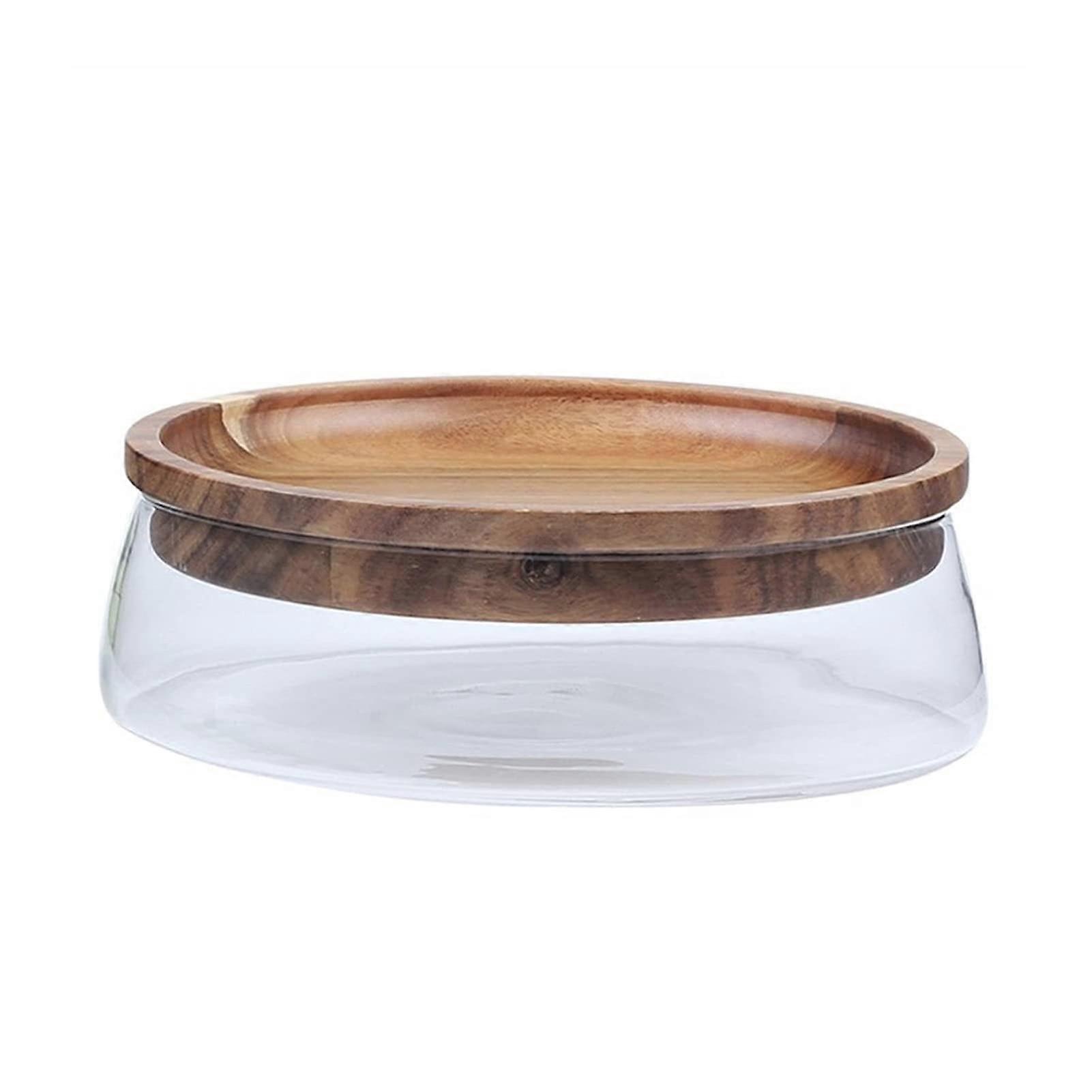 Glass Mixing Bowl with Wooden Base for Fruit Salad Dessert and Elegant Kitchen Countertop Display