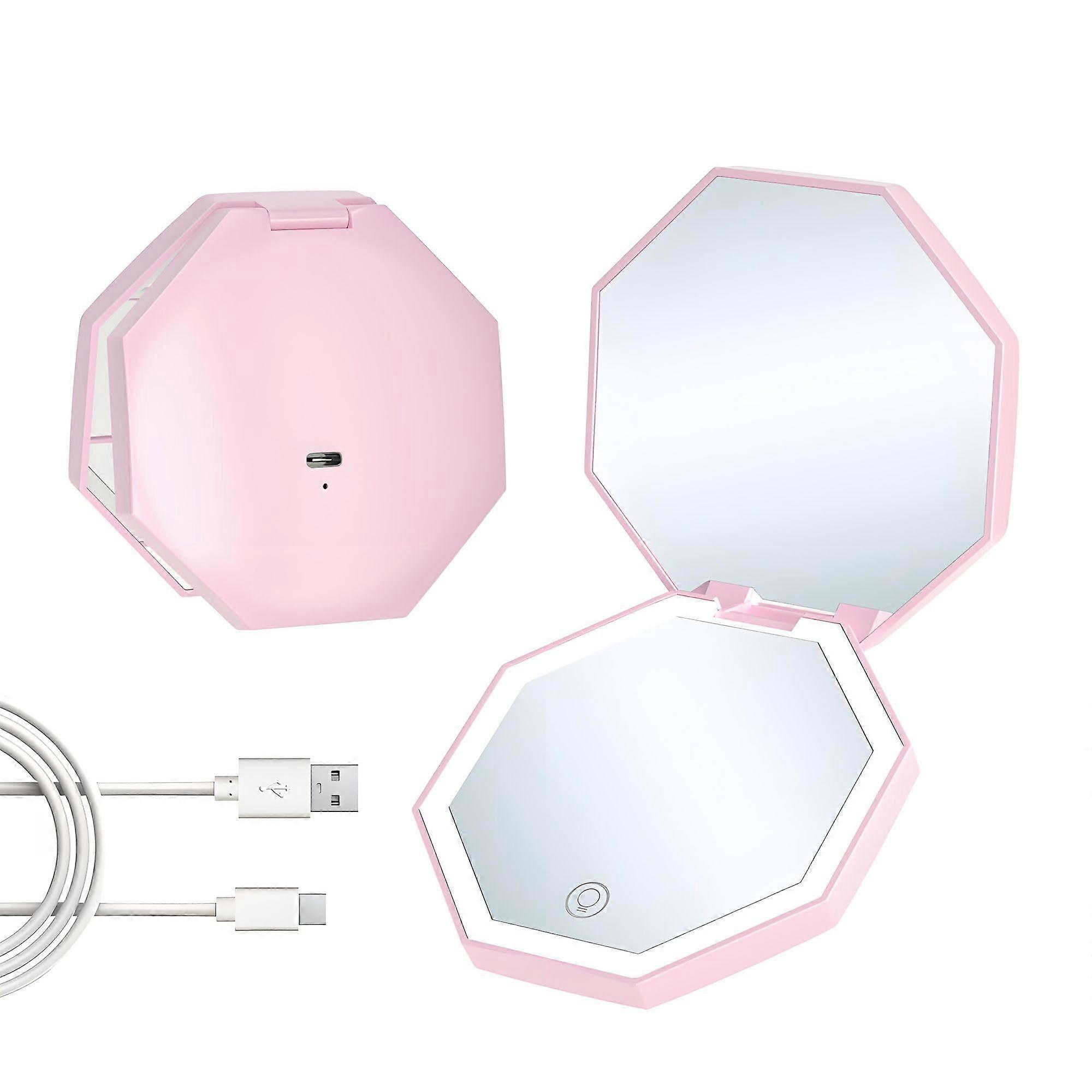 LED Makeup Mirror with 1X/3X Magnification, Touch Light, USB Rechargeable, Compact Travel Design Pink